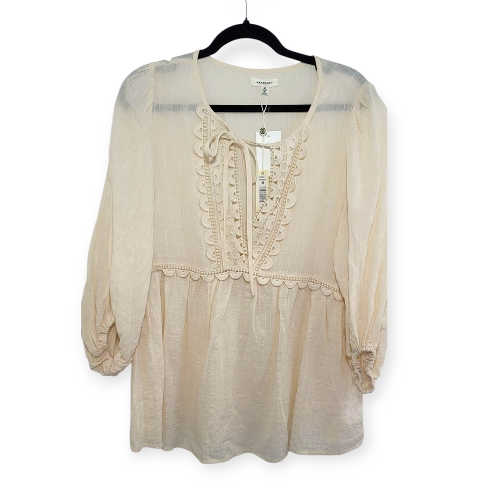 Max Studio Womens Boho Crochet Accented Keyhole Front Empire Waist Blouse Medium